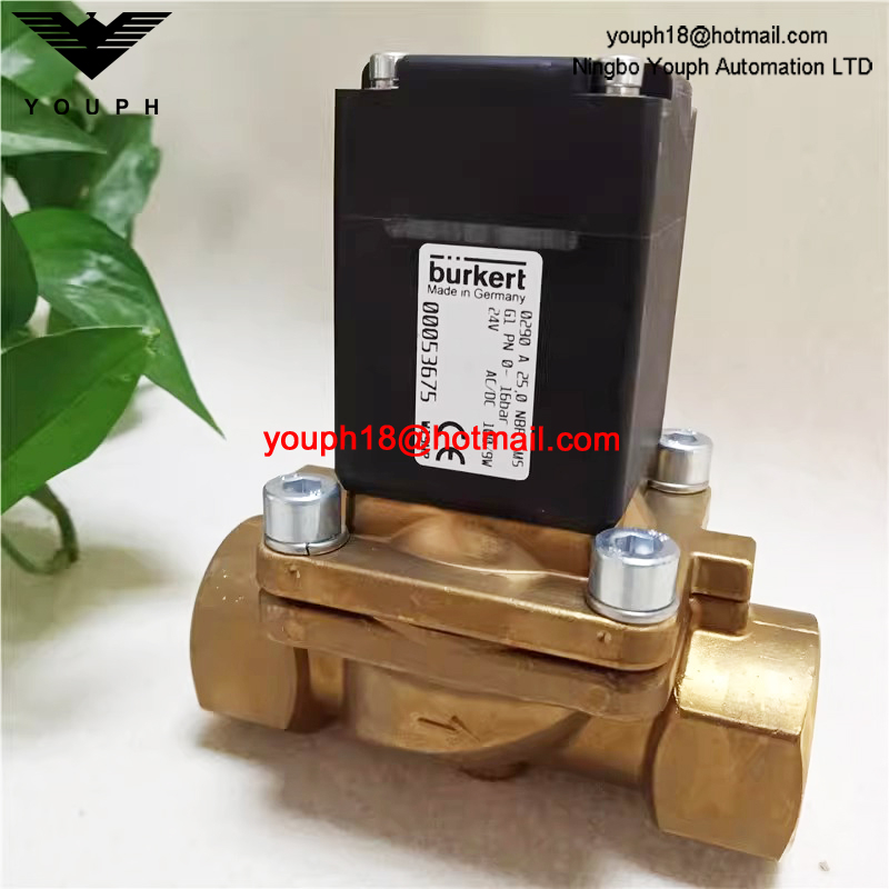 Burkert 00053675 Serie 0290 Válvula solenoide servocontrolada de latón de diafragma NBR de 2/2 vías DN25
