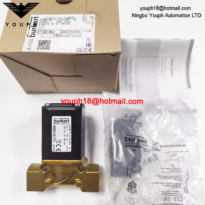Burkert 00050294 Válvula solenoide de cuerpo de latón de 2/2 vías normalmente cerrada con diafragma NBR serie 0290