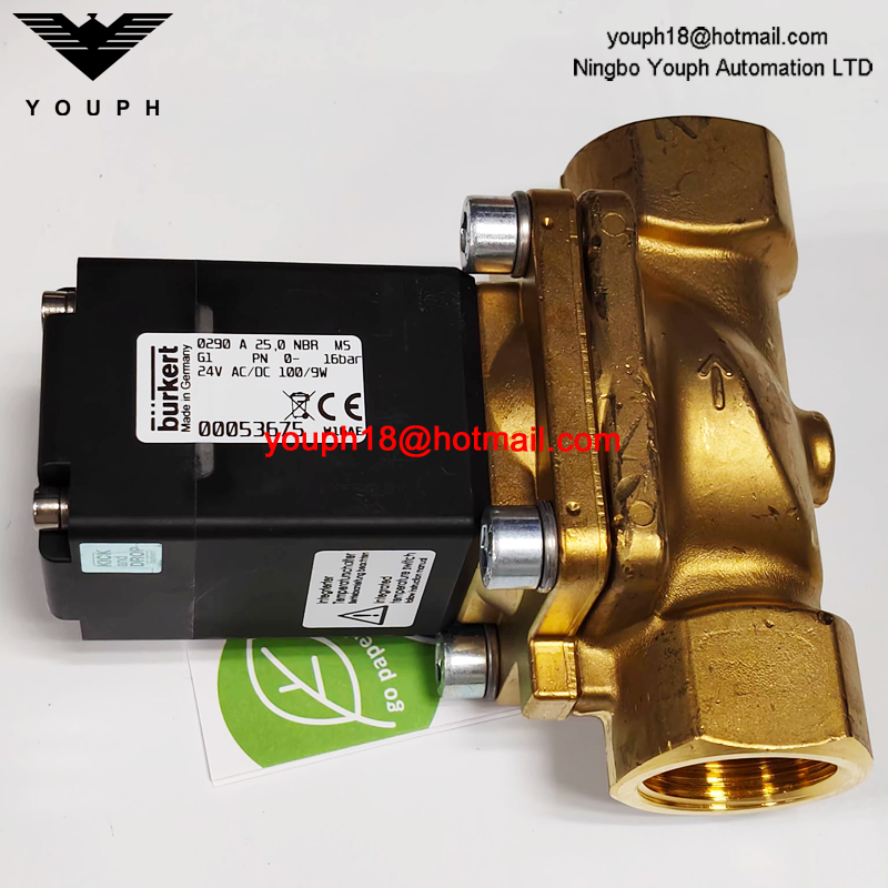 Burkert 00053675 Serie 0290 Válvula solenoide servocontrolada de latón de diafragma NBR de 2/2 vías DN25