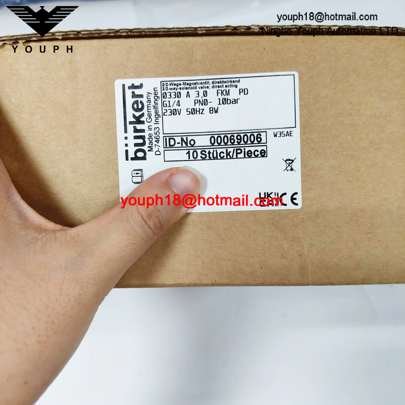 Burkert 00069006 G1/4 0330 Serie A FKM Diafragma Plástico PVDF Cuerpo Válvula solenoide normalmente cerrada de 2/2 vías