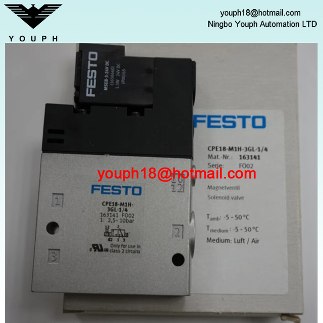 Festo CPE18-M1H-3GL-1/4 163141 CPE18 3/2 vías cerrada Monostable 24V DC 1300 L/min Válvula solenoide eléctrica